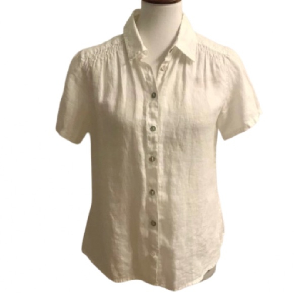 J. Jill 100% Linen Smocked Shoulder Short Sleeve Button Down Top SP